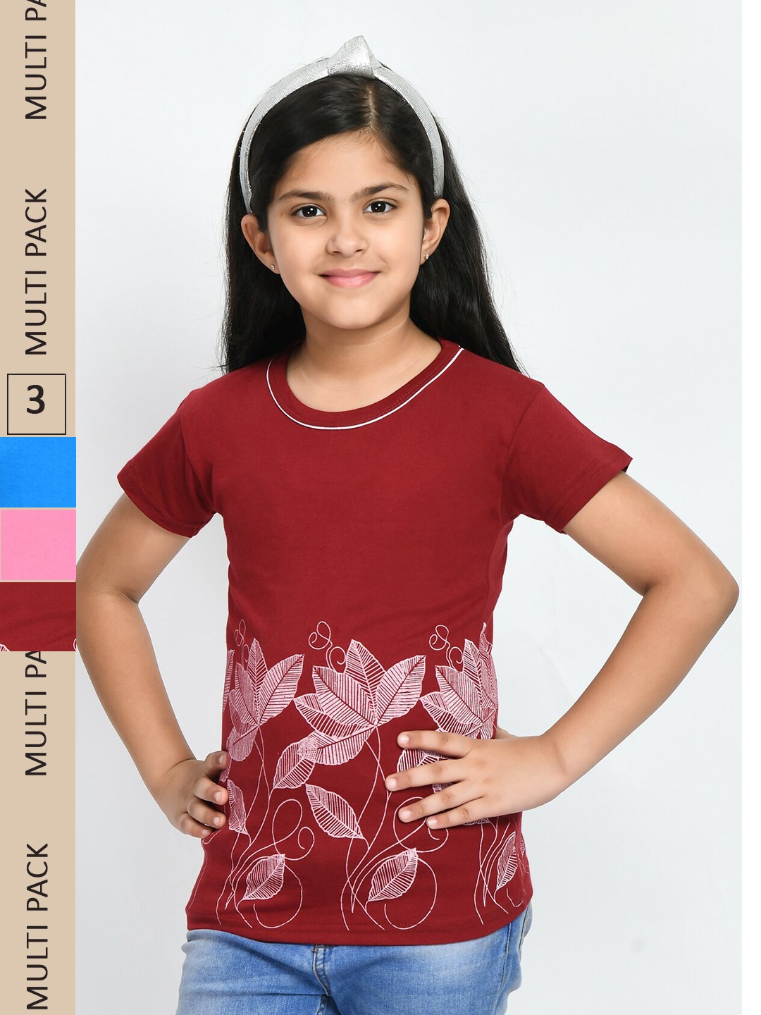 

IndiWeaves Girls Pack Of 3 Graphic Printed Pure Cotton T-Shirts, Red