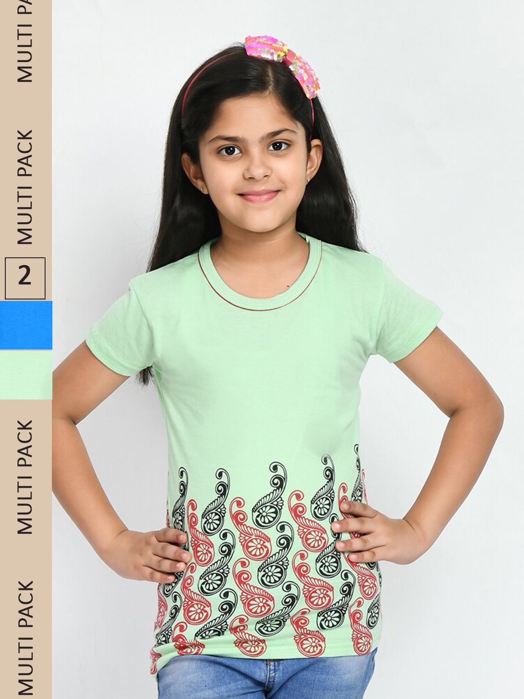 

IndiWeaves Girls Pack Of 2 Floral Printed Pure Cotton T-Shirts, Green