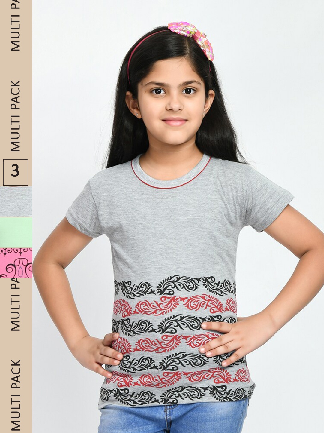 

IndiWeaves Girls Pack Of 3 Printed Pure Cotton T-shirt, Grey melange