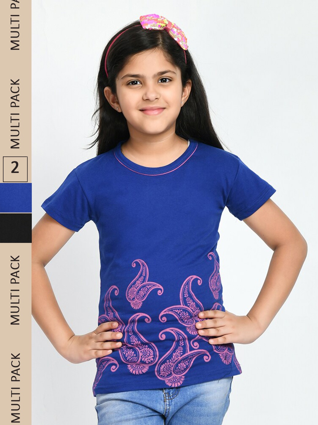 

IndiWeaves Girls Pack Of 2 Printed Pure Cotton T-shirt, Blue