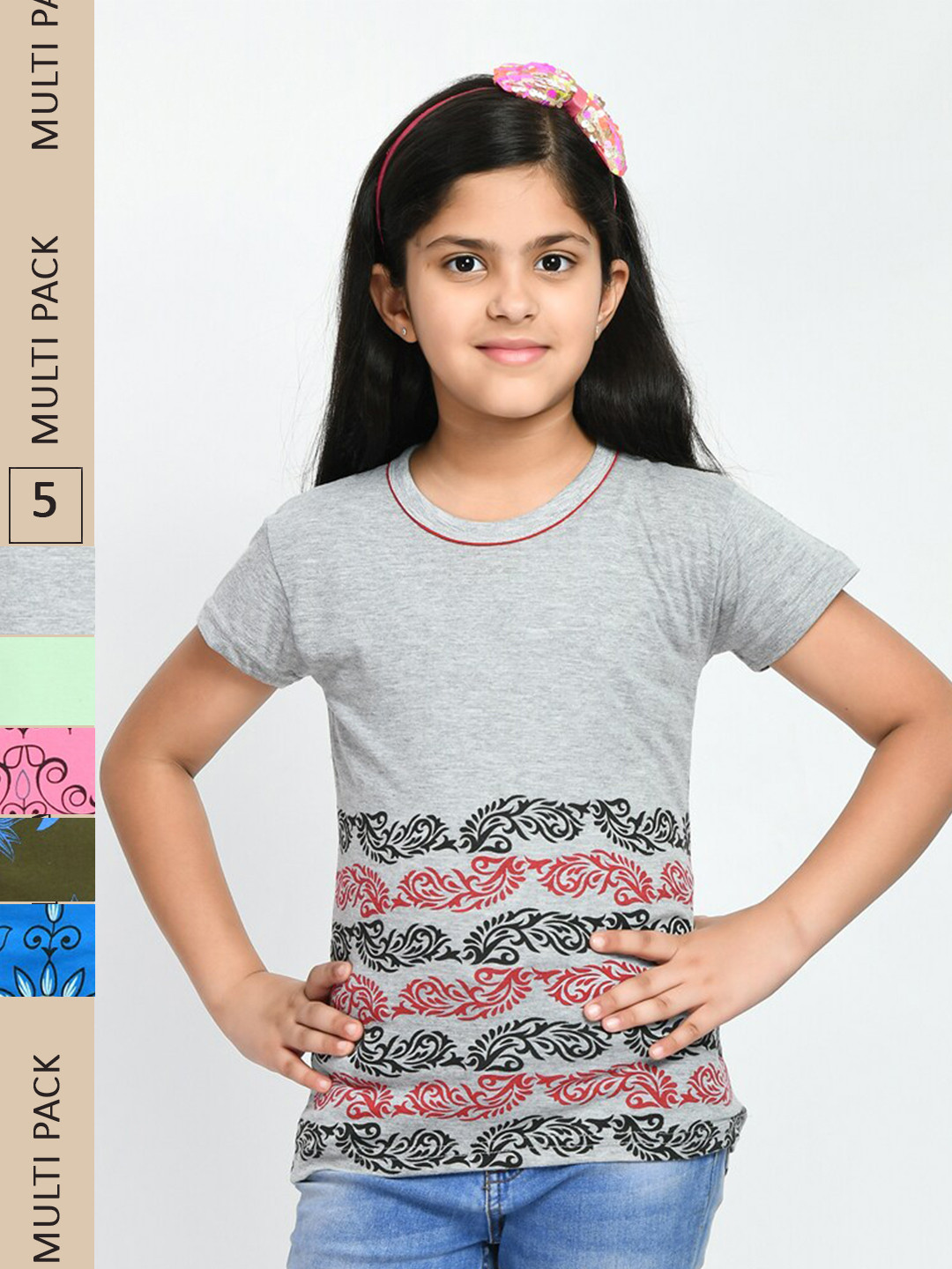 

IndiWeaves Girls Pack Of 5 Printed Pure Cotton T-shirt, Grey