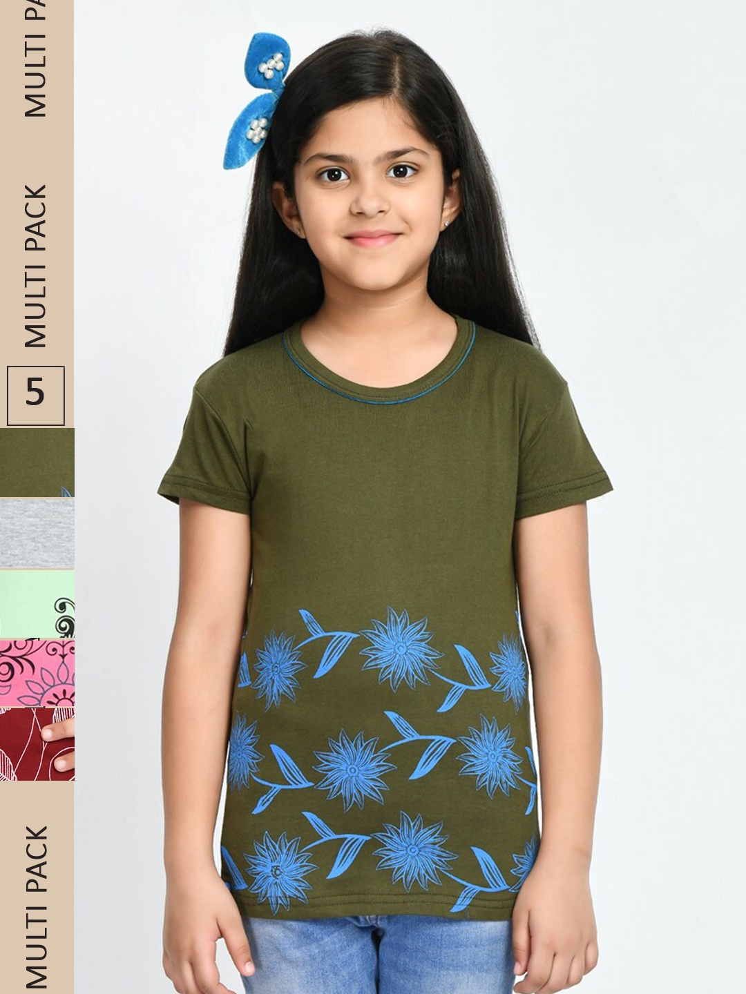 

IndiWeaves Girls Pack Of 5 Floral Printed Pure Cotton T-Shirts, Olive