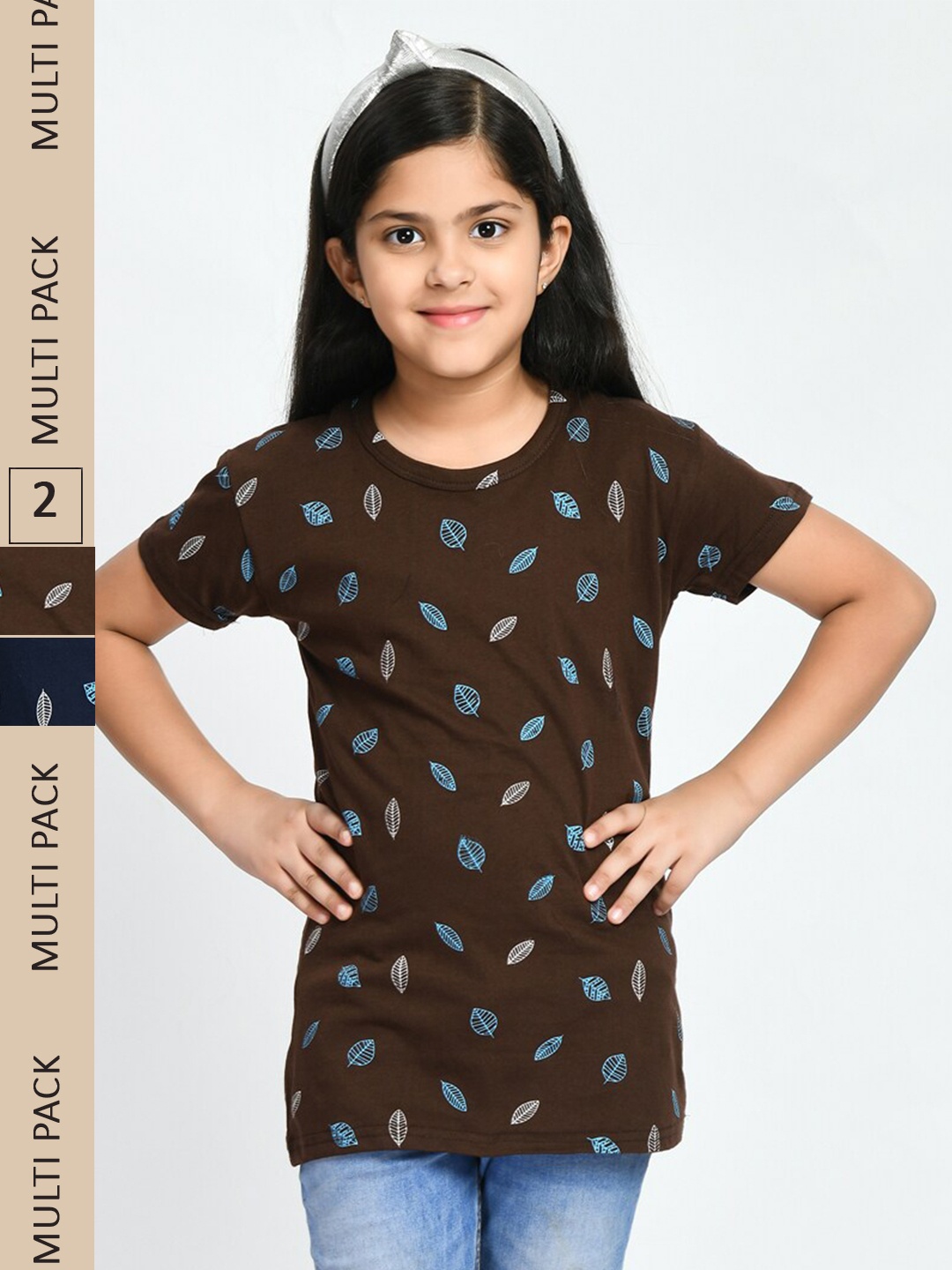 

IndiWeaves Girls Pack Of 2 Printed Pure Cotton T-shirt, Brown