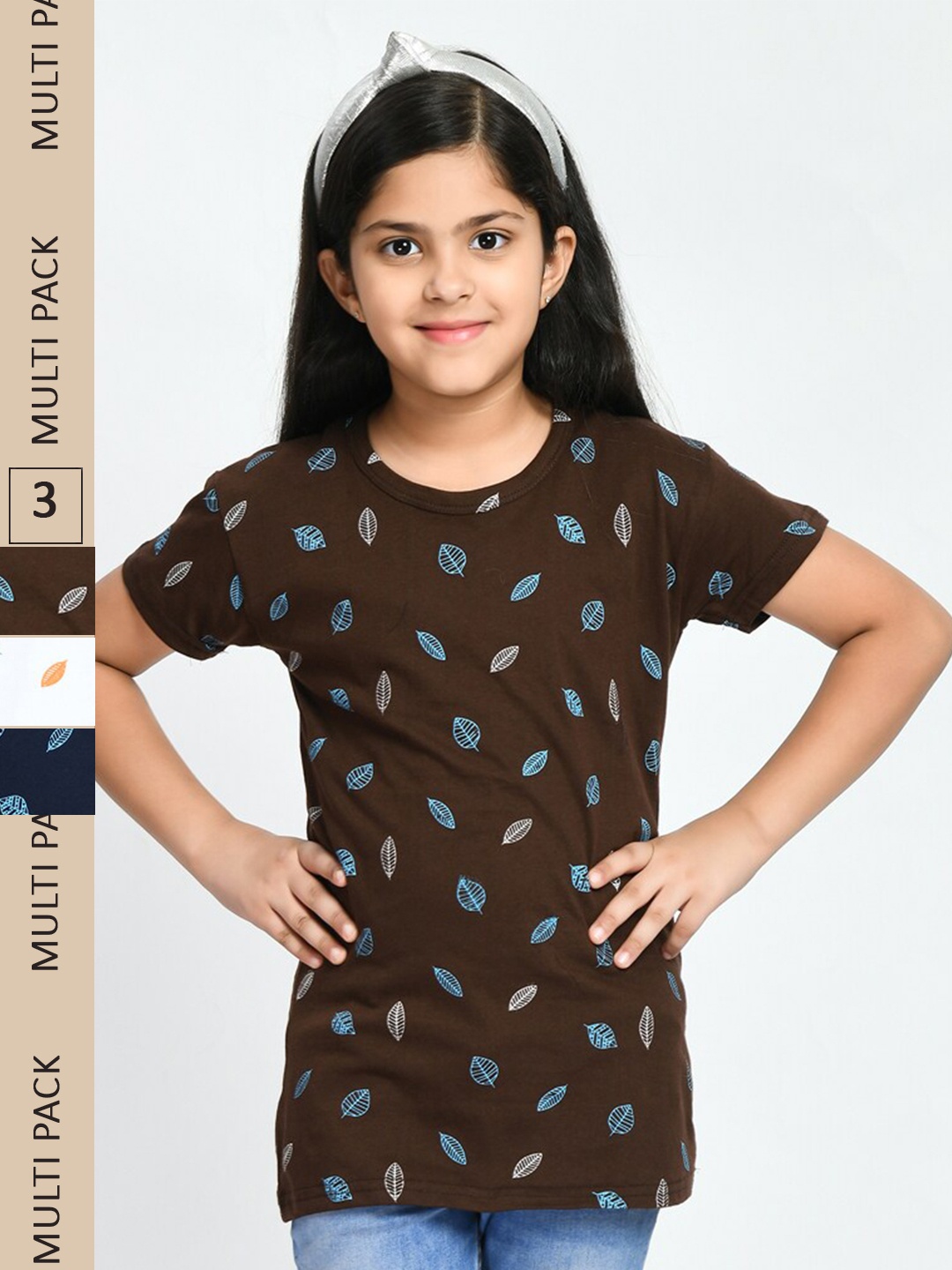 

IndiWeaves Girls Pack Of 3 Conversational Printed Pure Cotton T-Shirts, Brown