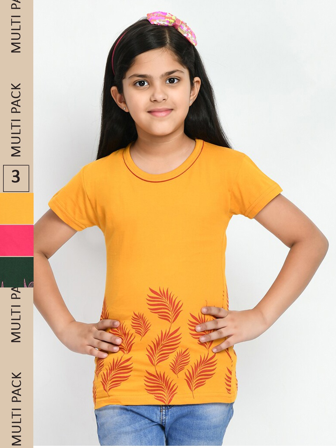 

IndiWeaves Girls Pack Of 3 Printed Pure Cotton T-shirt, Yellow