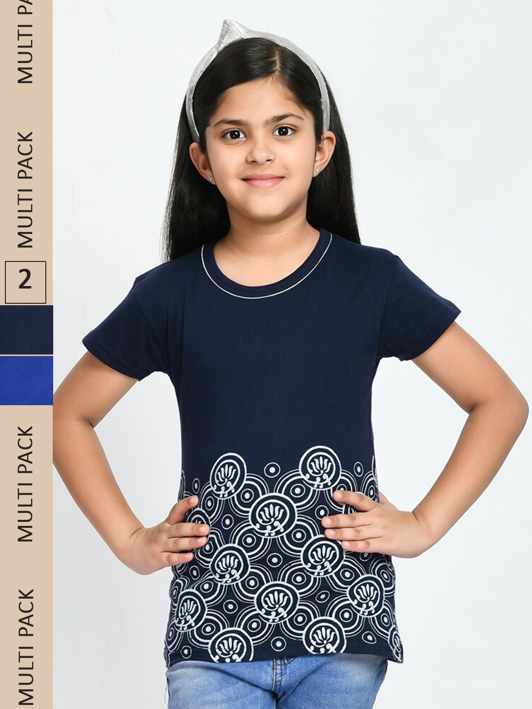 

IndiWeaves Girls Pack Of 2 Printed Pure Cotton T-shirt, Navy blue