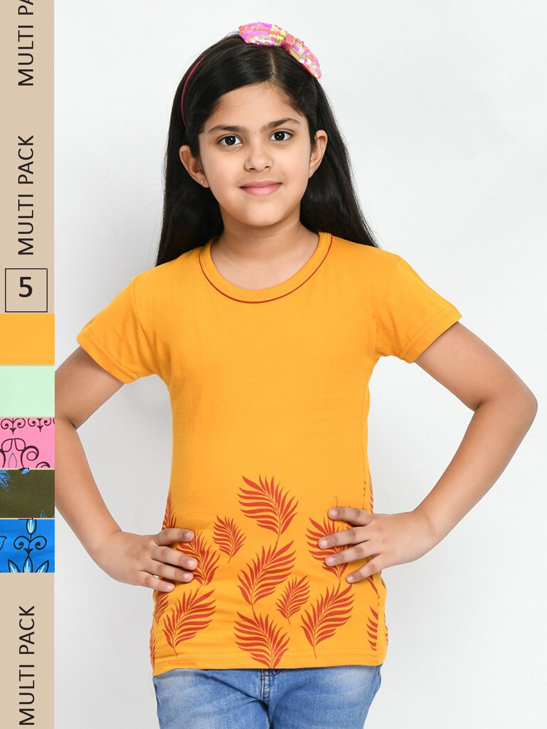 

IndiWeaves Girls Pack Of 5 Floral Printed Casual Pure Cotton T-shirts, Yellow