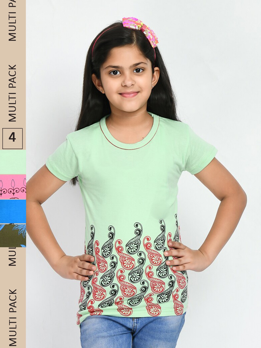 

IndiWeaves Girls Pack Of 4 Floral Printed Casual Pure Cotton T-shirts, Green