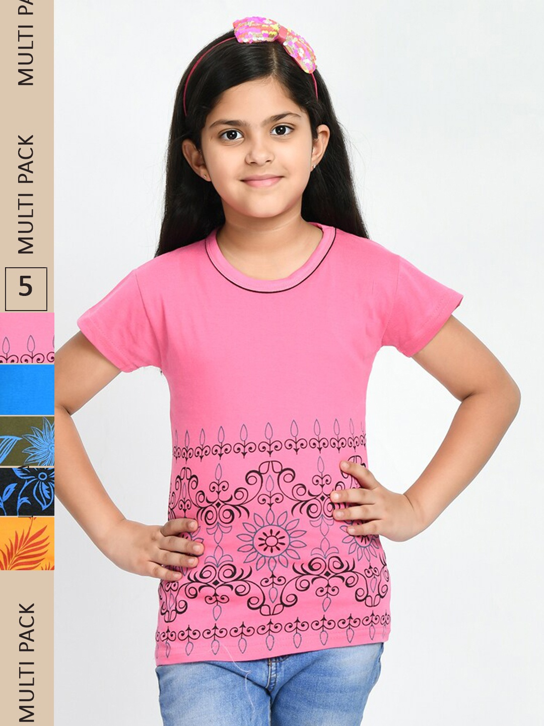 

IndiWeaves Girls Girls Pack Of 5 Printed Pure Cotton T-shirt, Pink