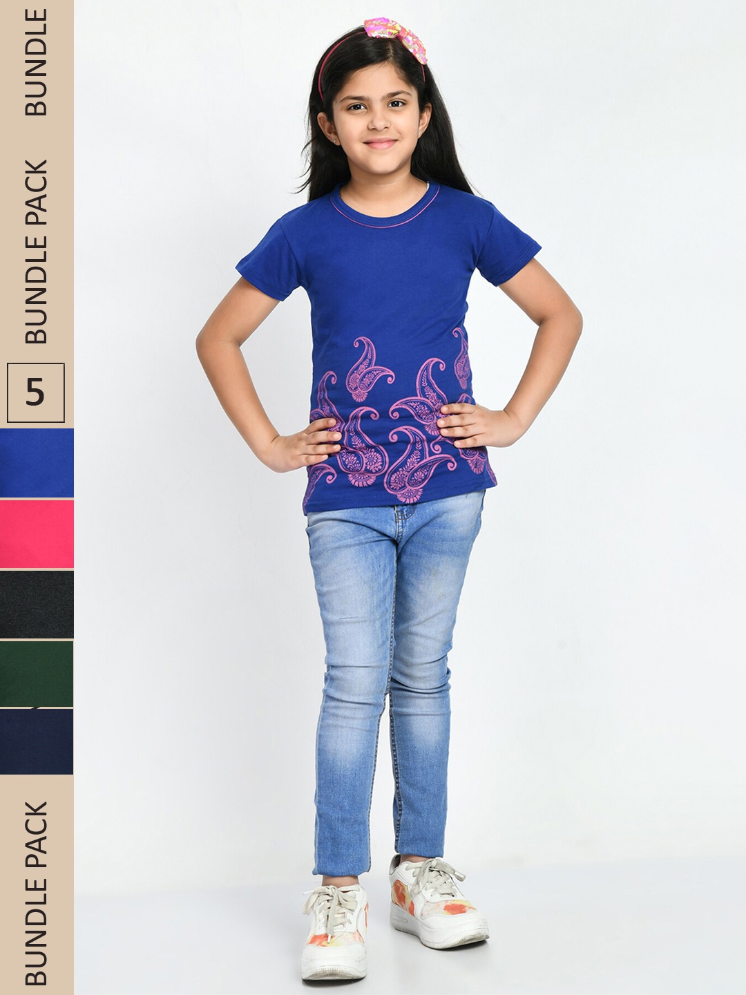 

IndiWeaves Girls Pack Of 5 Printed Pure Cotton T-shirt, Blue