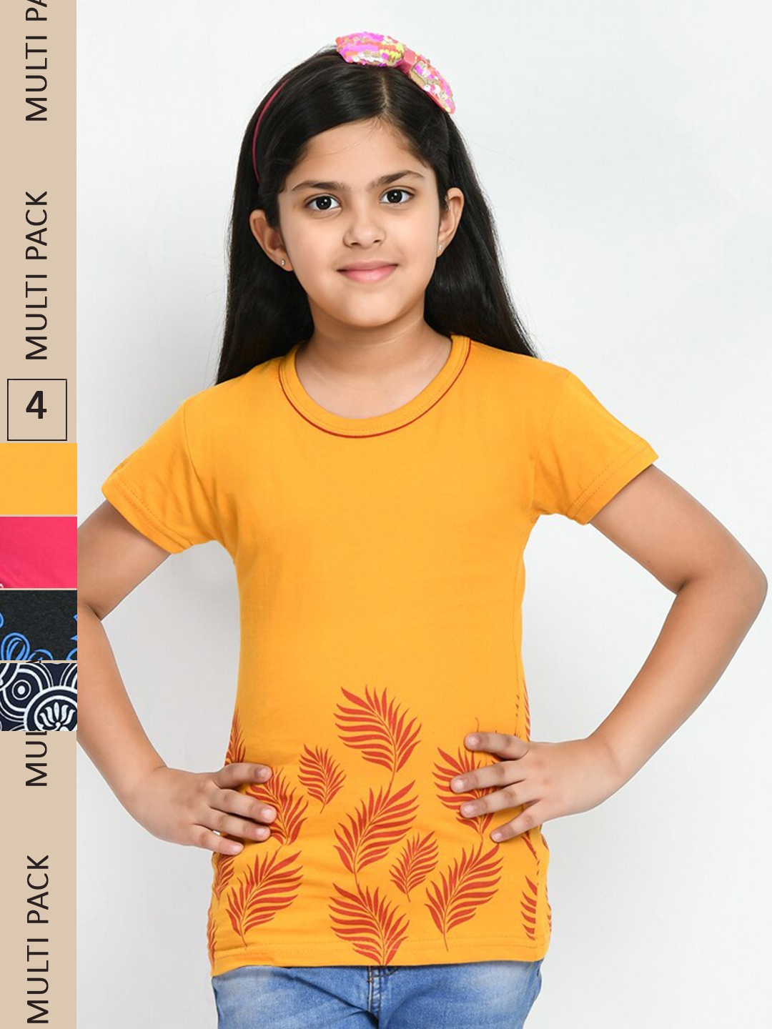 

IndiWeaves Girls Multicoloured Floral 4 Printed Polo Collar Applique T-shirt, Multi