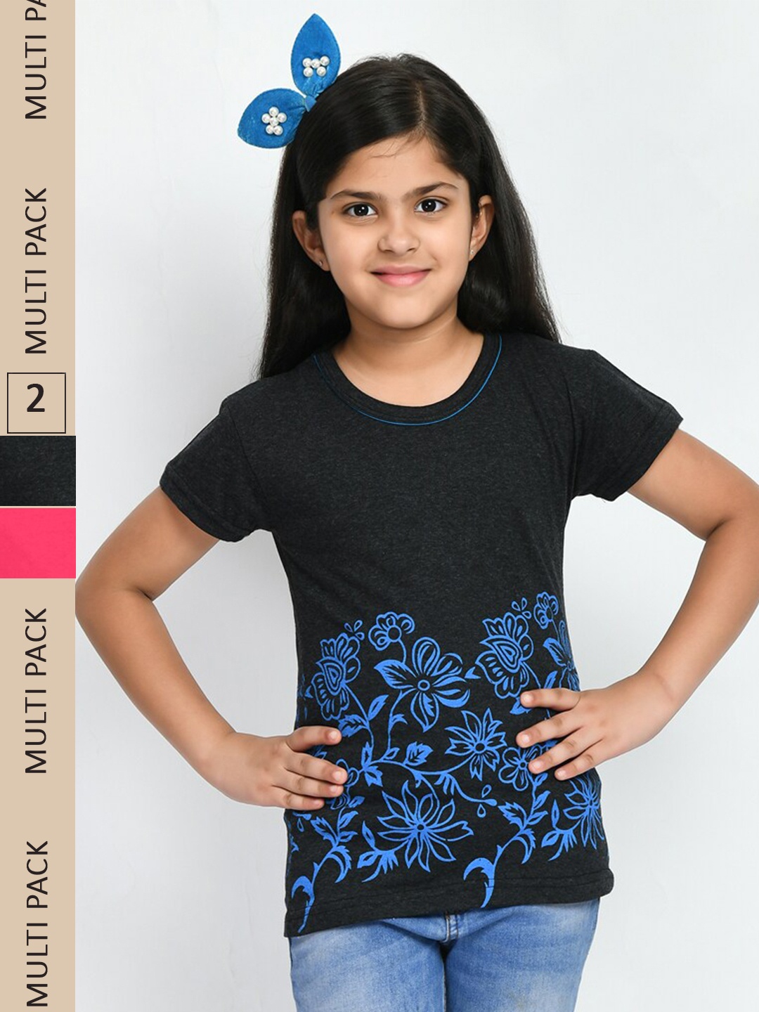 

IndiWeaves Girls Multicoloured 2 Printed V-Neck T-shirt, Multi