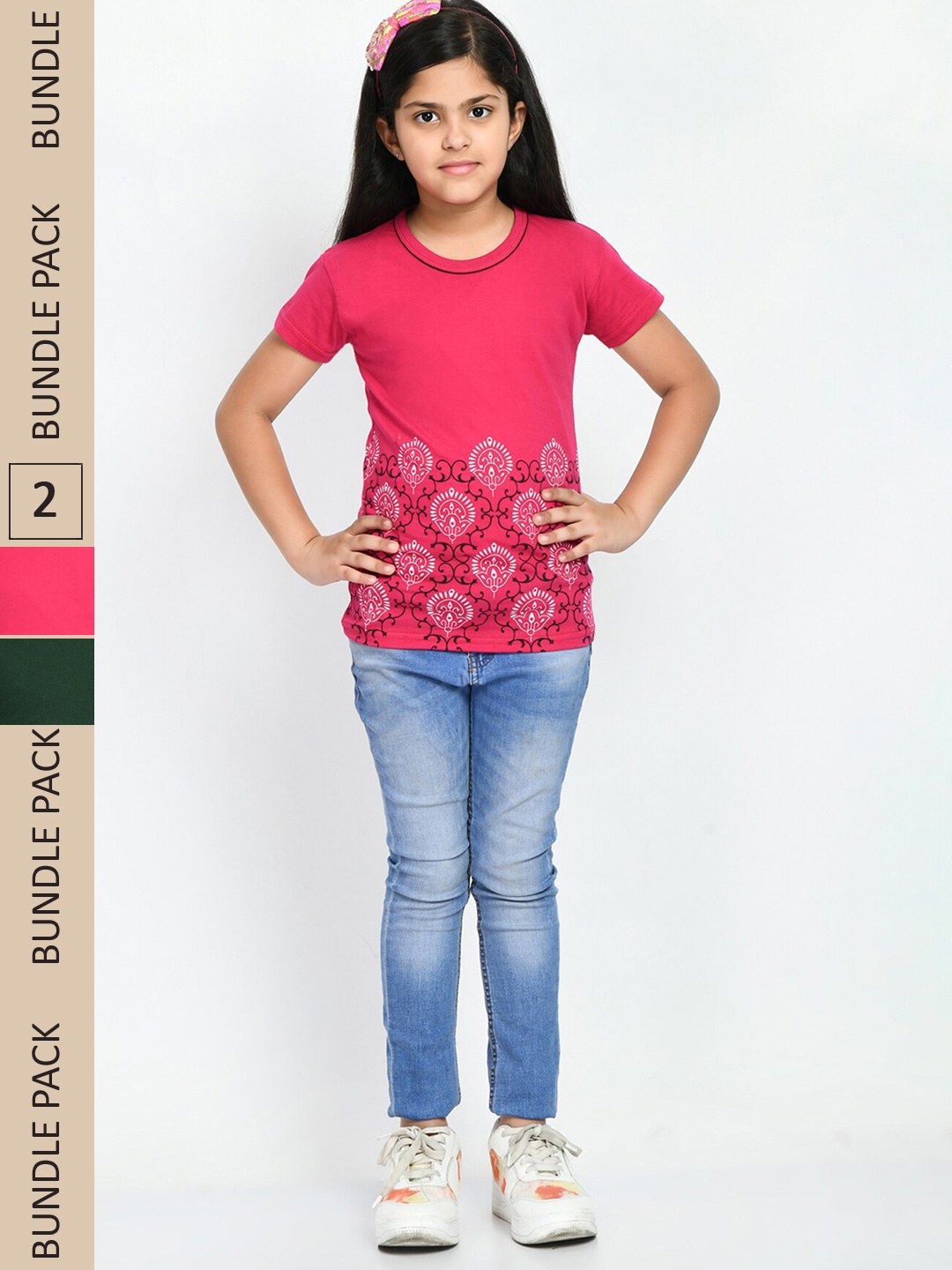 

IndiWeaves Girls Pack Of 2 Printed Pure Cotton T-shirt, Pink