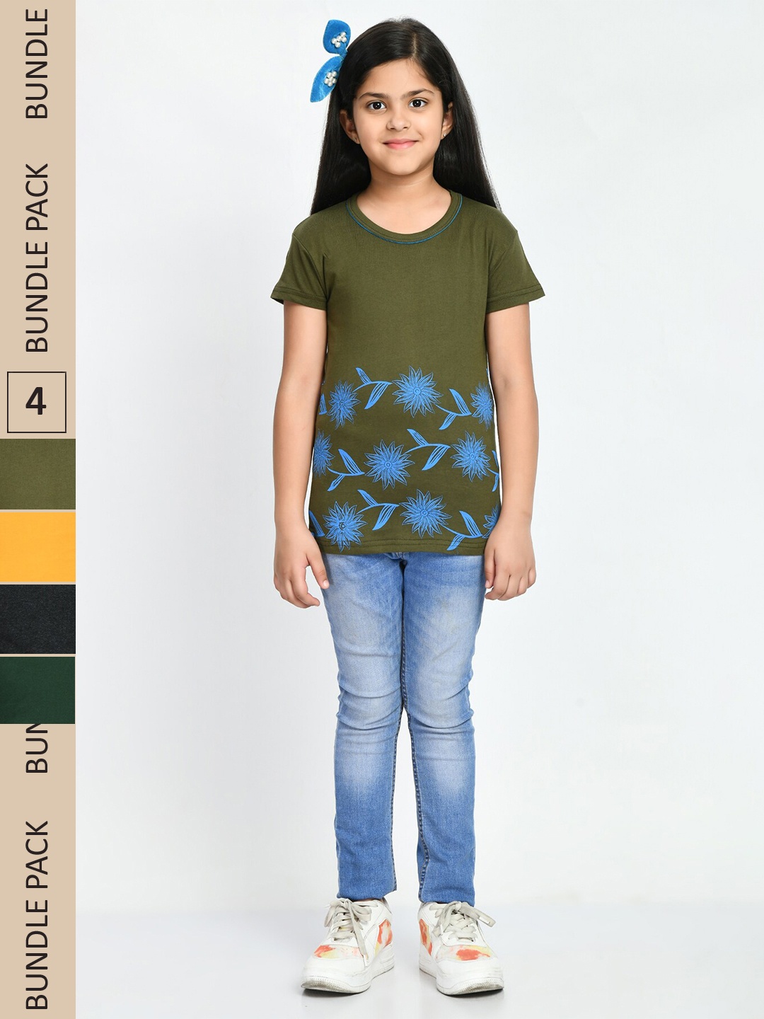 

IndiWeaves Girls Pack Of 4 Printed Pure Cotton T-shirt, Olive