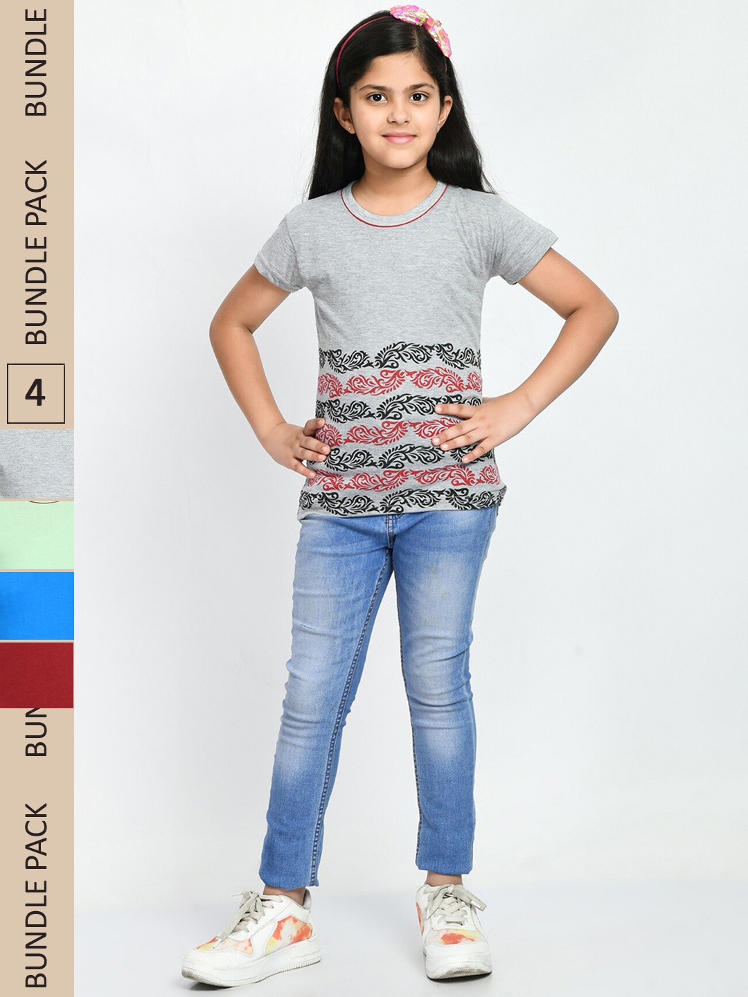 

IndiWeaves Girls Pack Of 4 Printed Cotton T-shirt, Multi