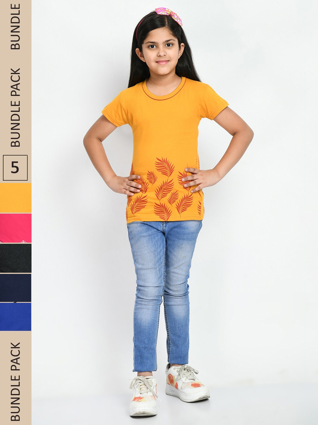 

IndiWeaves Girls Pack Of 5 Printed Pure Cotton T-shirt, Yellow