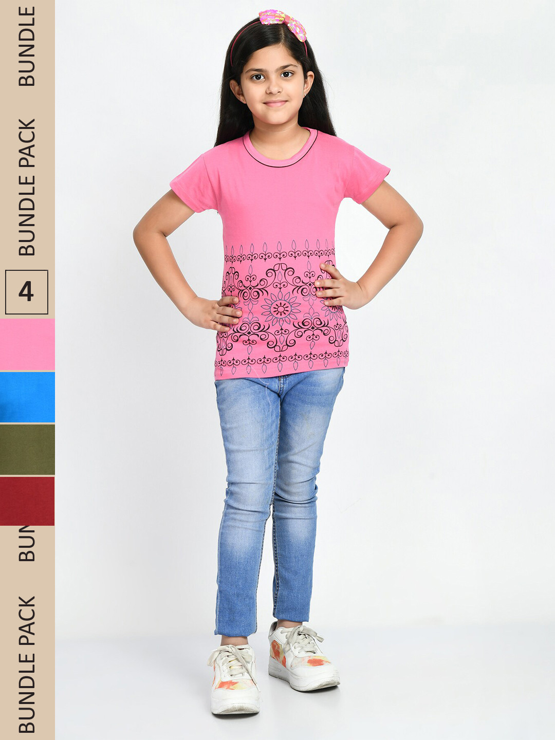

IndiWeaves Girls Multicoloured 4 Printed V-Neck Pockets T-shirt, Multi