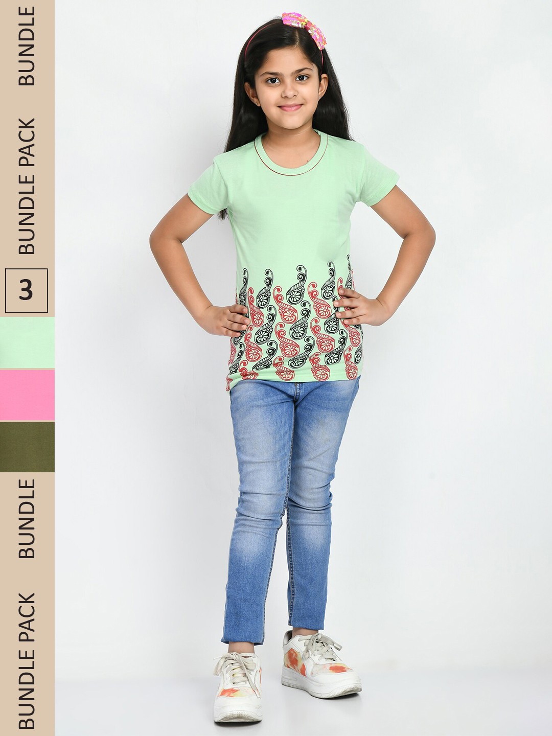 

IndiWeaves Girls Pack Of 3 Floral Printed Cotton T-shirt, Pink