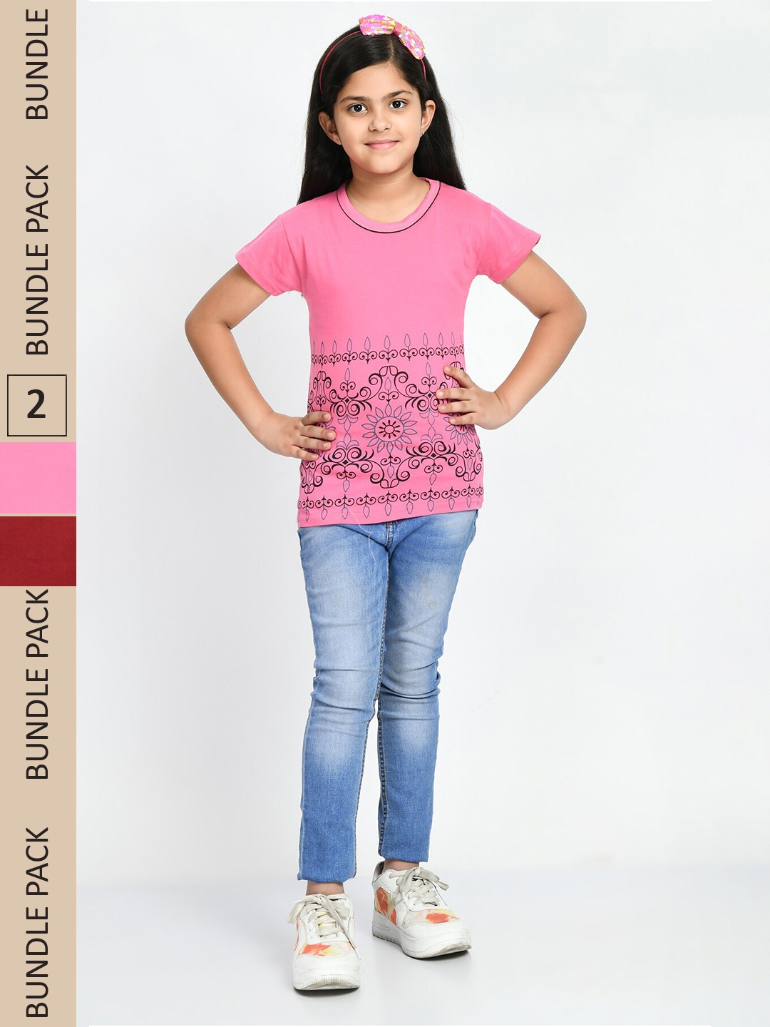 

IndiWeaves Girls Pack Of 2 Floral Printed Cotton T-shirt, Pink
