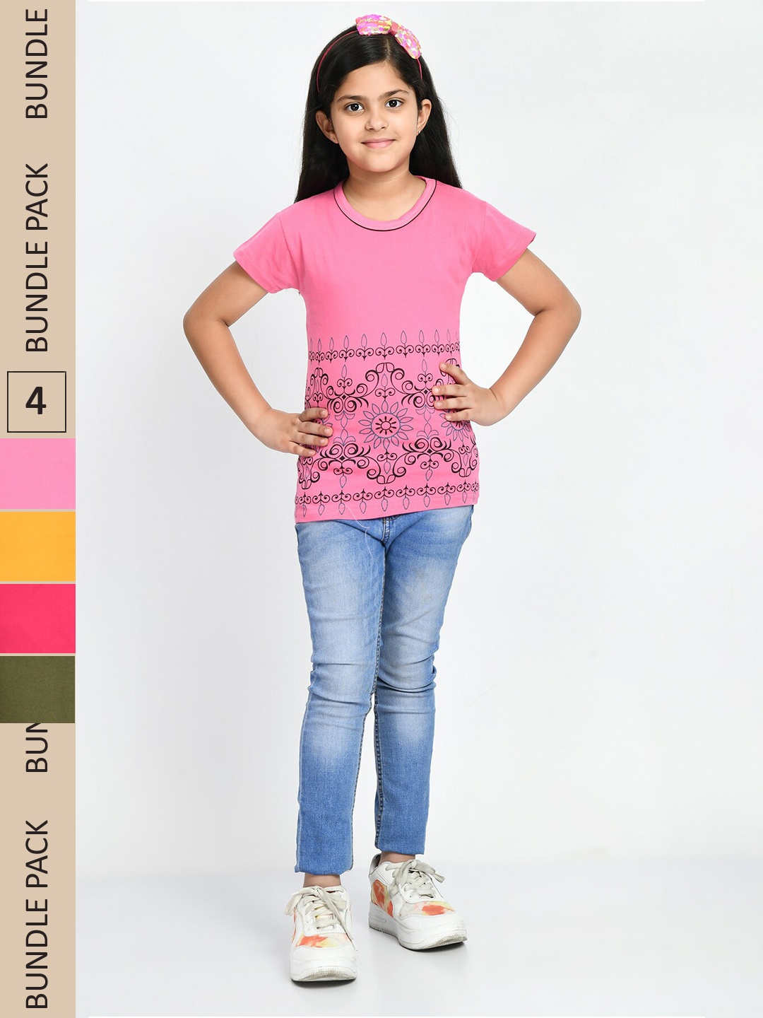 

IndiWeaves Girls Pack Of 4 Floral Printed Cotton T-shirt, Pink