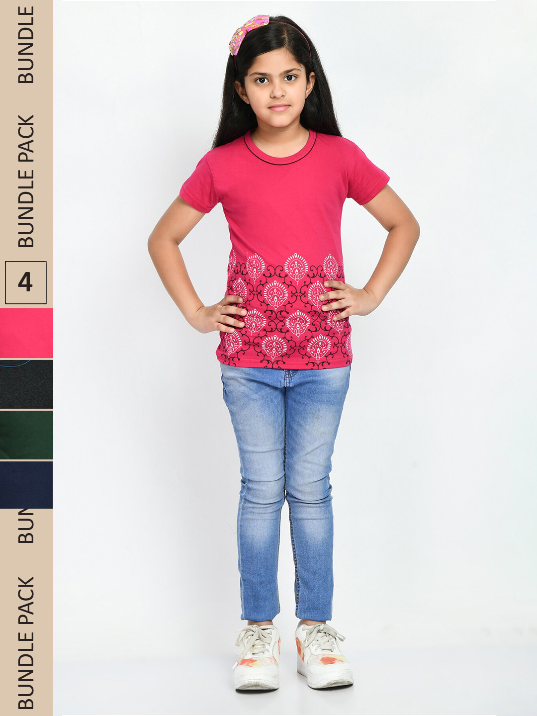

IndiWeaves Girls Pack Of 4 Printed Pure Cotton T-shirt, Pink
