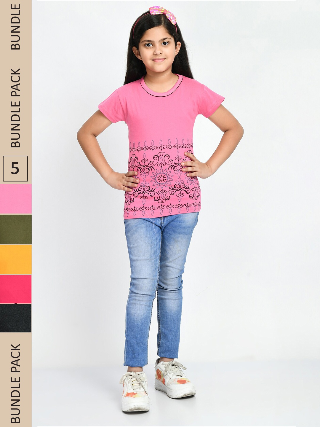 

IndiWeaves Girls Pack Of 4 Floral Printed Cotton T-shirt, Pink
