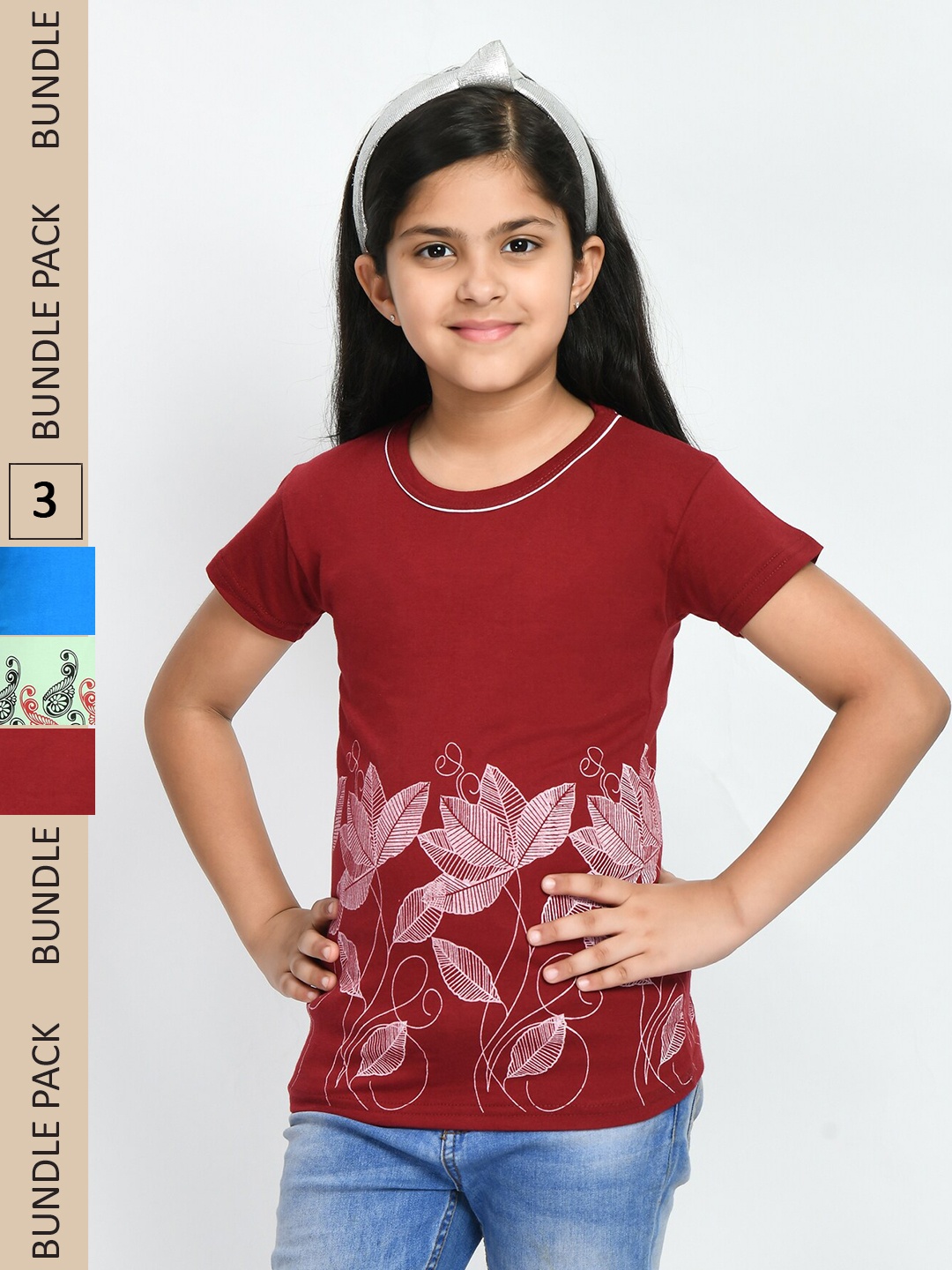 

IndiWeaves Girls Pack Of 3 Printed Pure Cotton T-shirt, Maroon