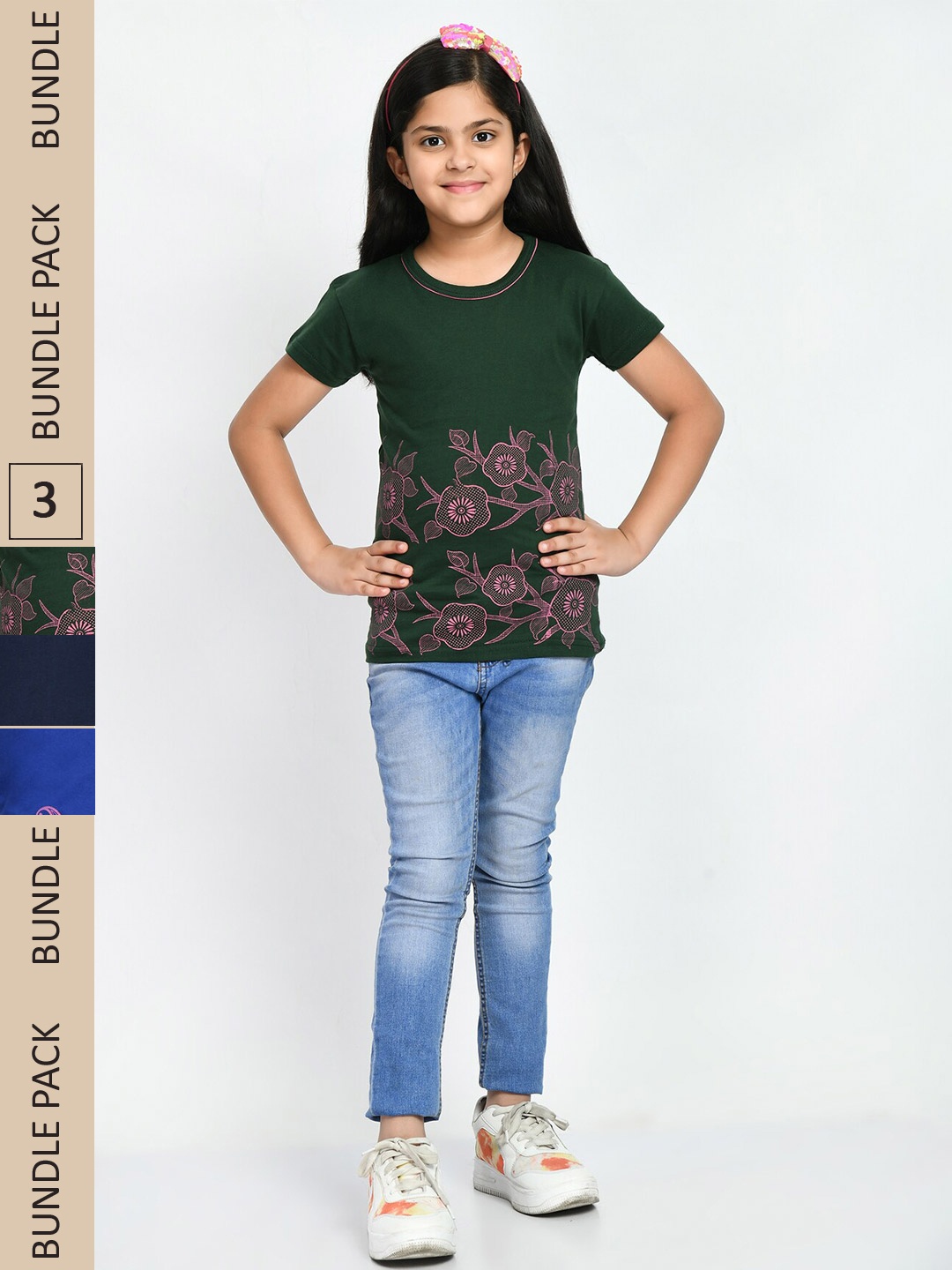 

IndiWeaves Girls Pack Of 4 Floral Printed Cotton T-shirt, Green