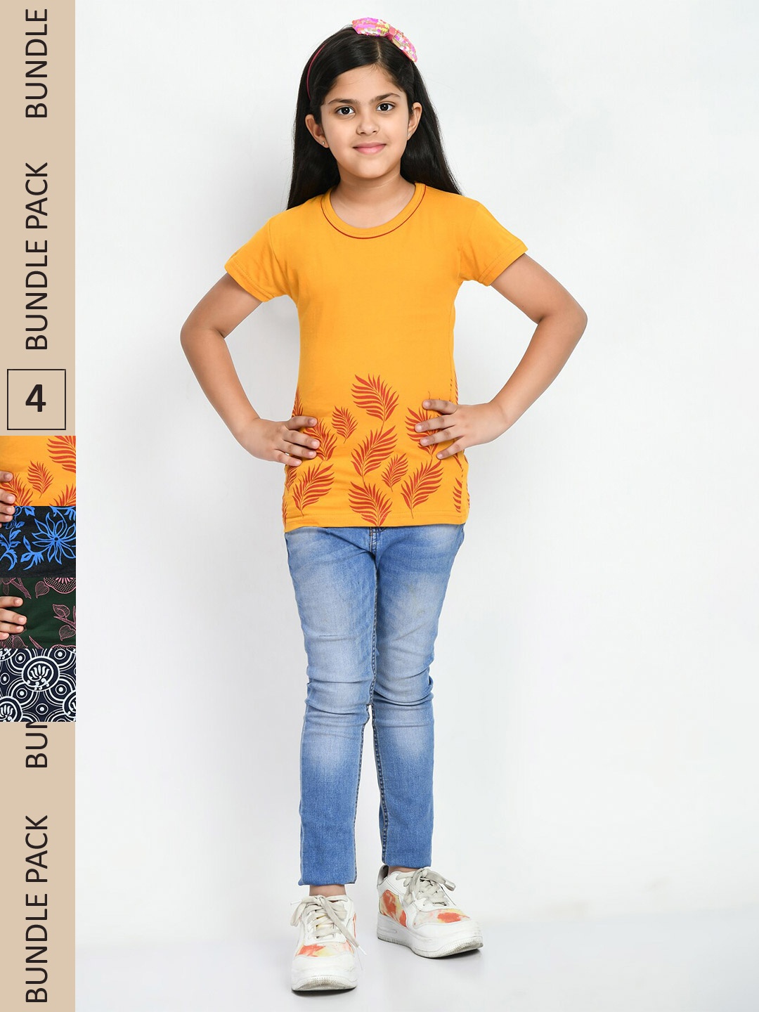 

IndiWeaves Girls Pack Of 4 Printed Pure Cotton T-shirt, Yellow