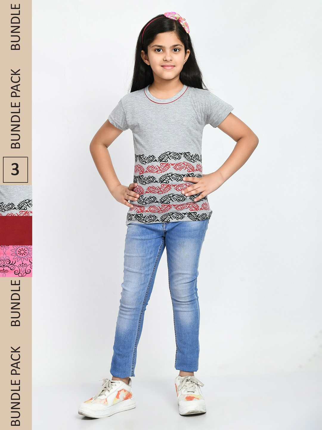 

IndiWeaves Girls Pack Of 3 Printed Pure Cotton T-shirt, Grey melange