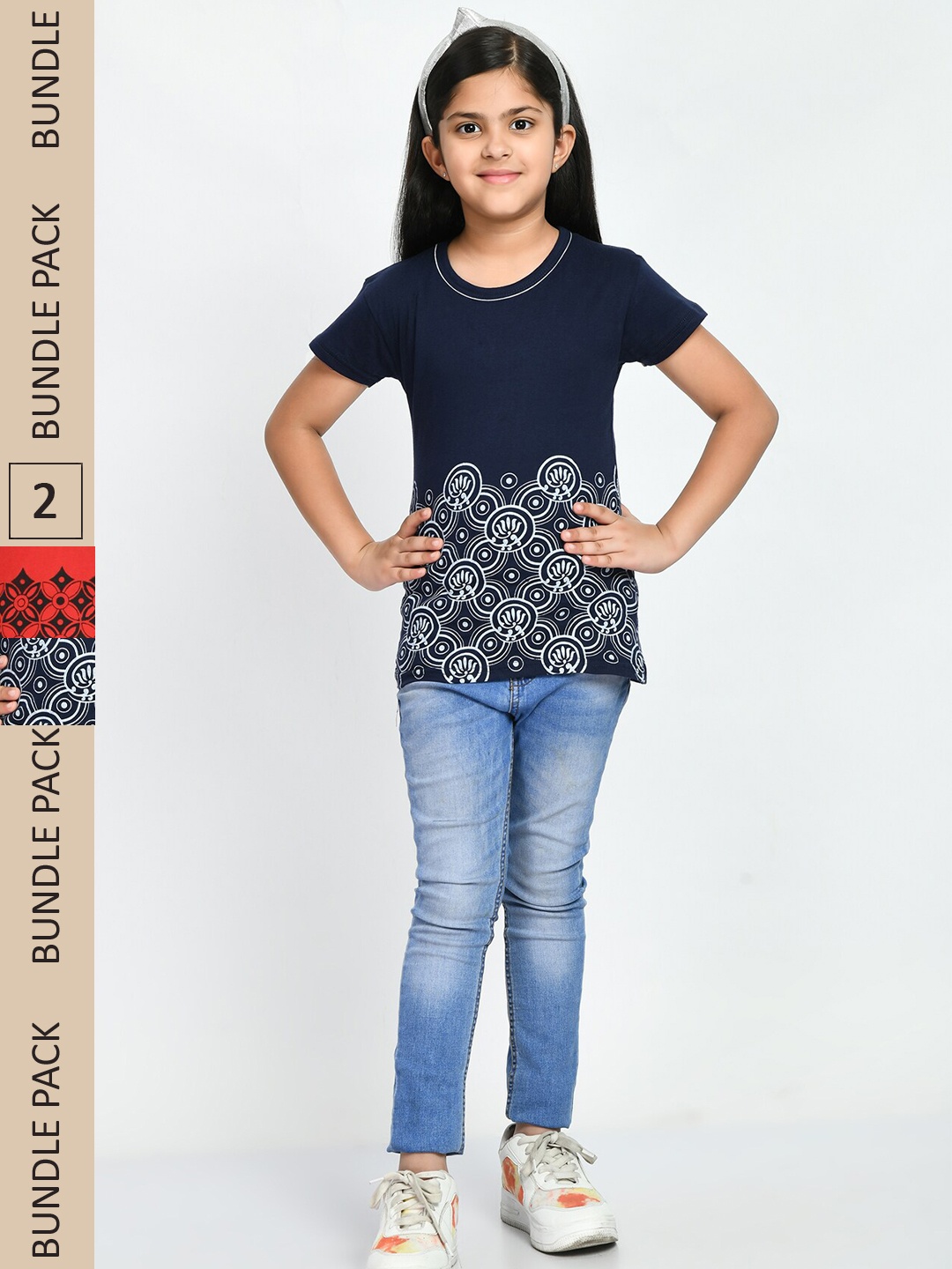 

IndiWeaves Girls Pack Of 2 Printed Pure Cotton T-shirt, Navy blue