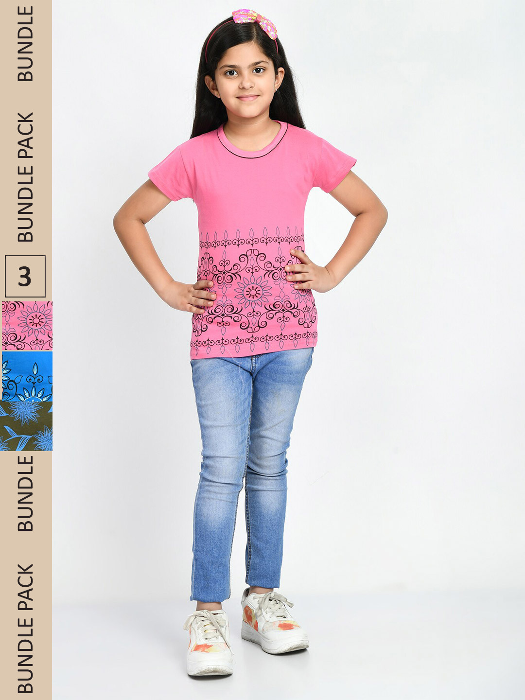

IndiWeaves Girls Pack Of 3 Floral Printed Casual Pure Cotton T-shirts, Olive