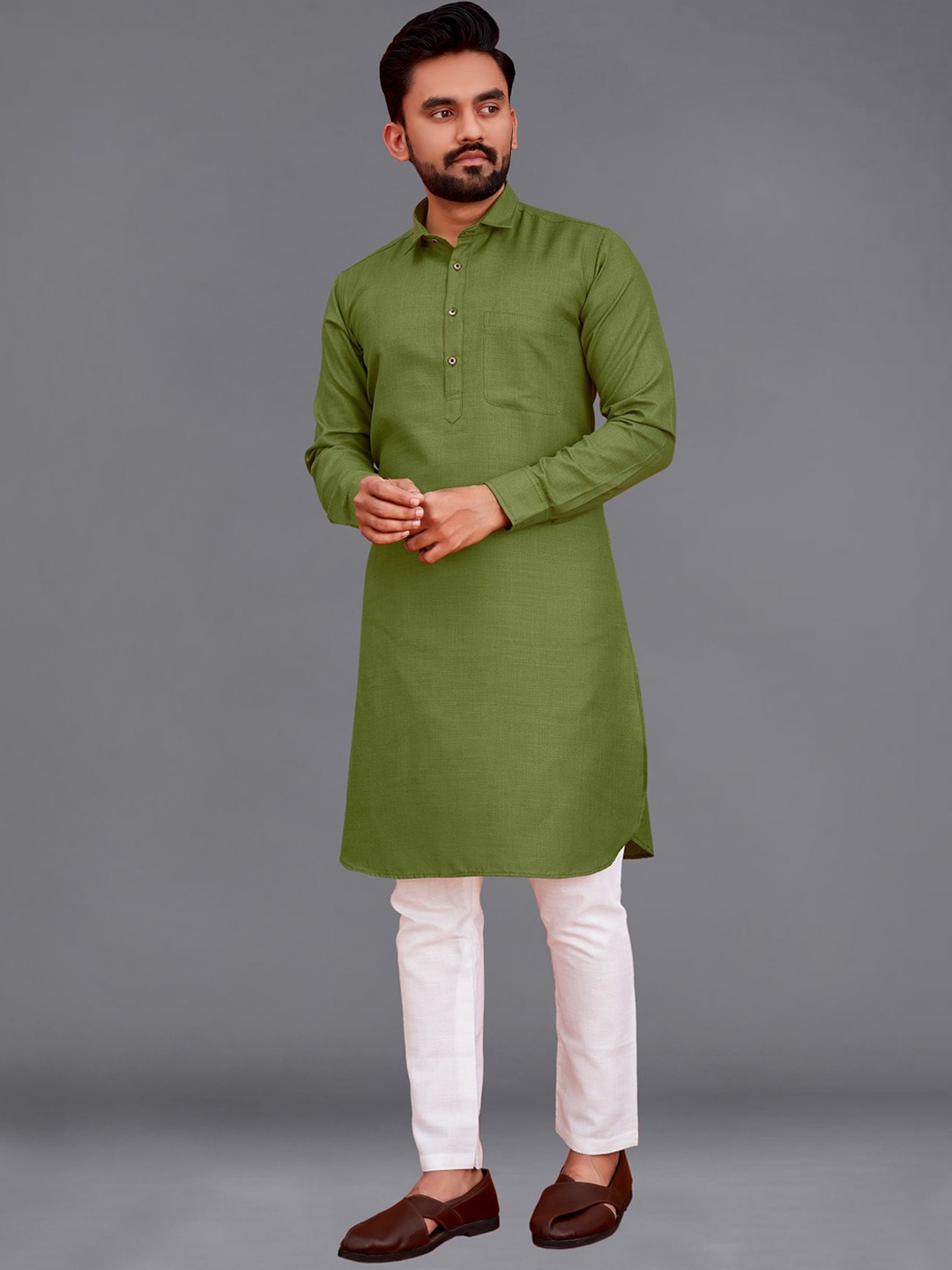 

allan peter Shirt Collar Cotton Kurta, Green