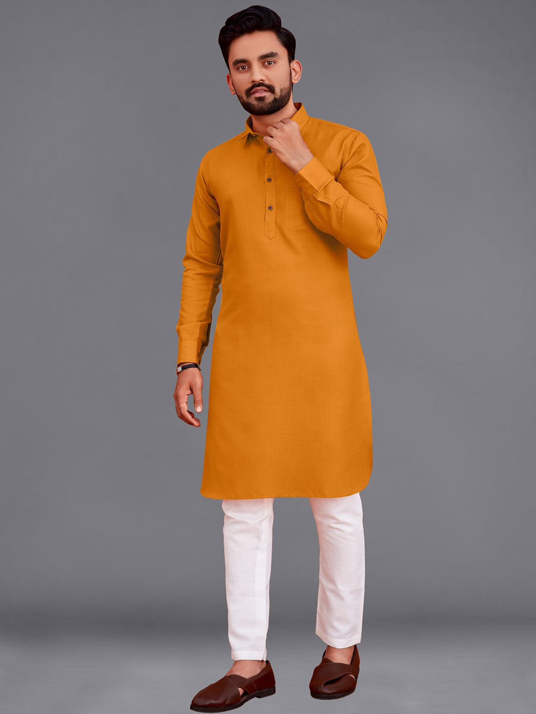 

allan peter Shirt Collar Cotton Kurta, Mustard