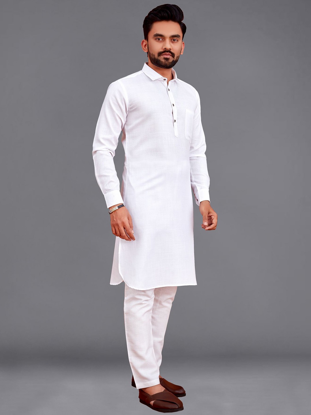 

allan peter Shirt Collar Cotton Kurta, White