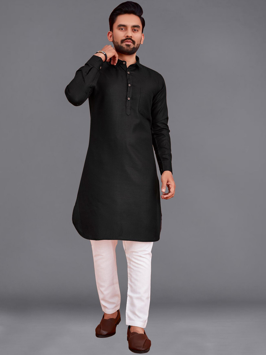 

allan peter Shirt Collar Cotton Kurta, Black