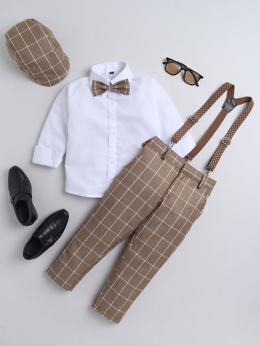 

Jeetethnics Boys Shirt Trousers with Cap Bow & Suspender Belt, Khaki