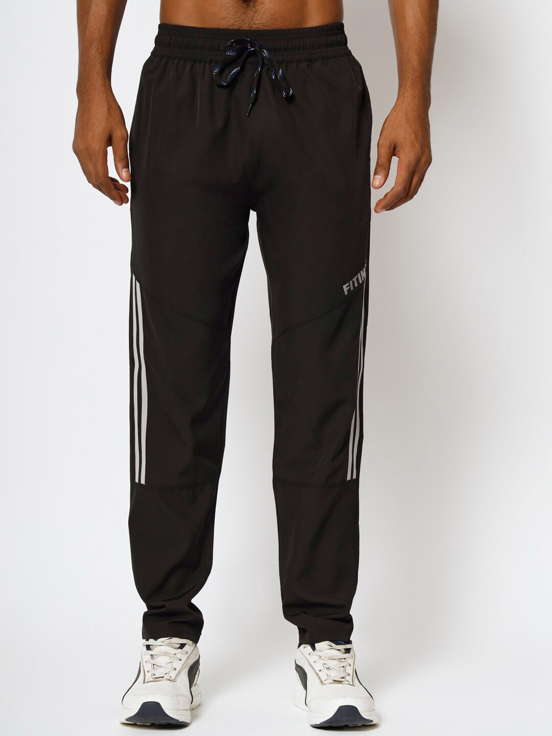 

FITINC Men Rapid-Dry Striped Mid-Rise Relaxed Fit Sports Track Pants, Black
