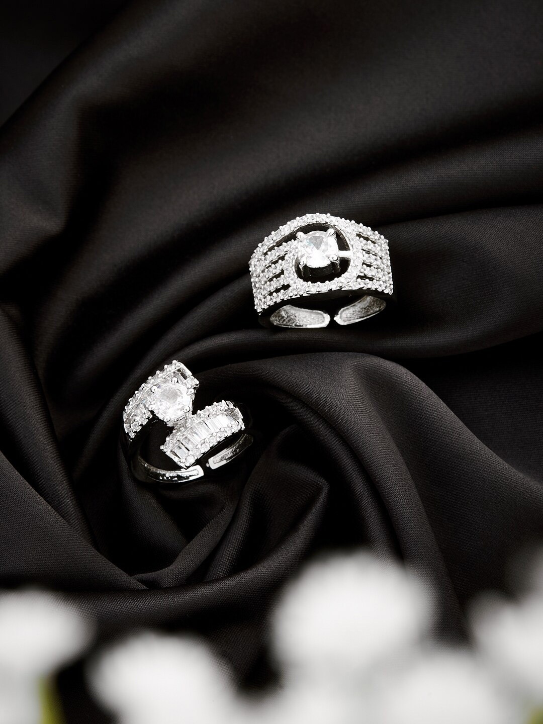 

ATIBELLE Set of 2 Silver-Plated AD Stone-Studded Adjustable Ring