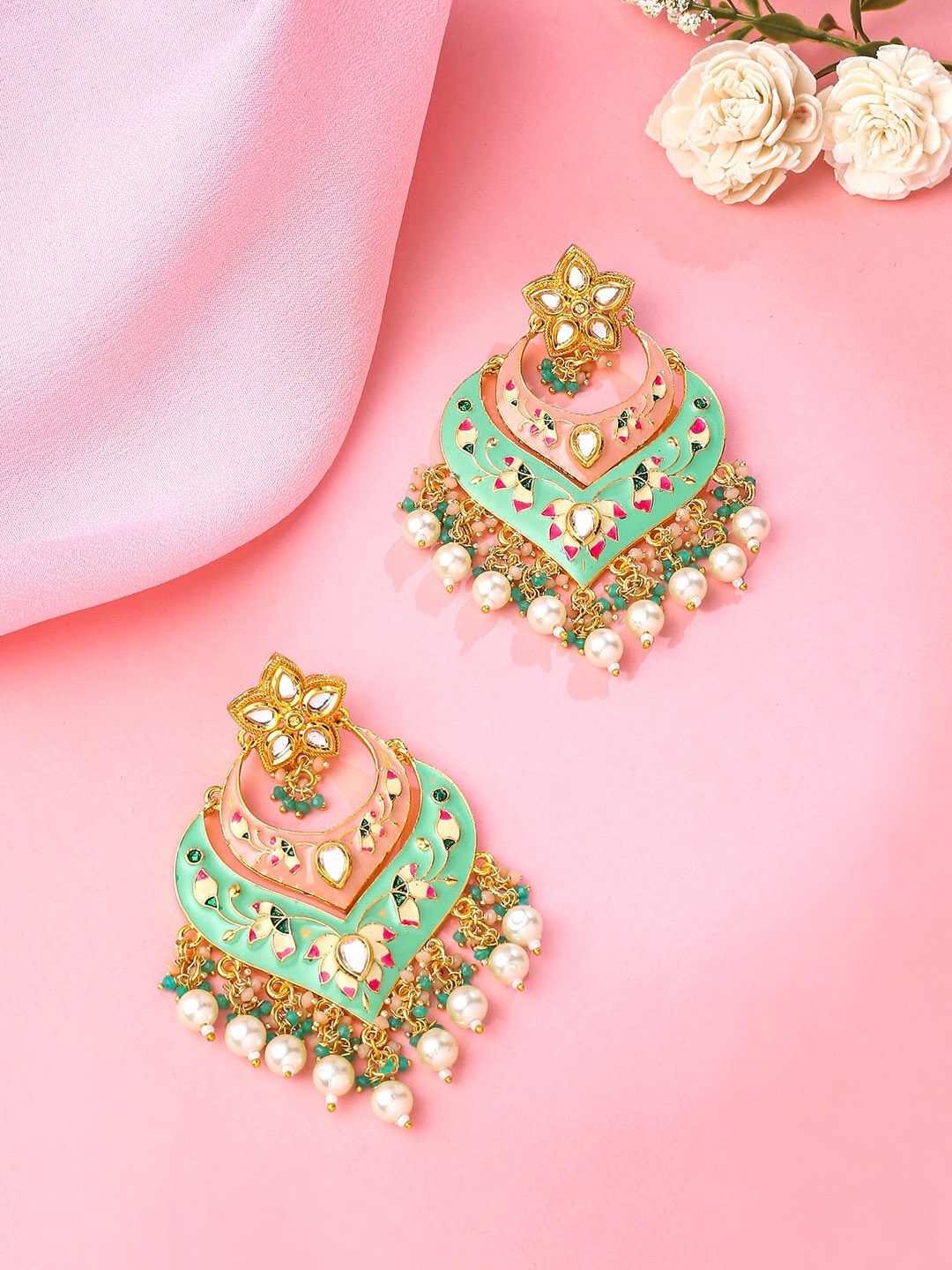 

Yellow Chimes Gold Plated Contemporary Meenakari Chandbalis Earrings