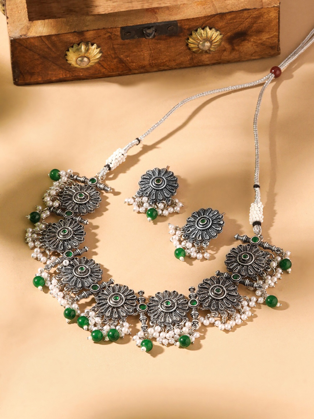 

Yellow Chimes Silver-Plated Oxidised Floral Beaded Jewellery Set