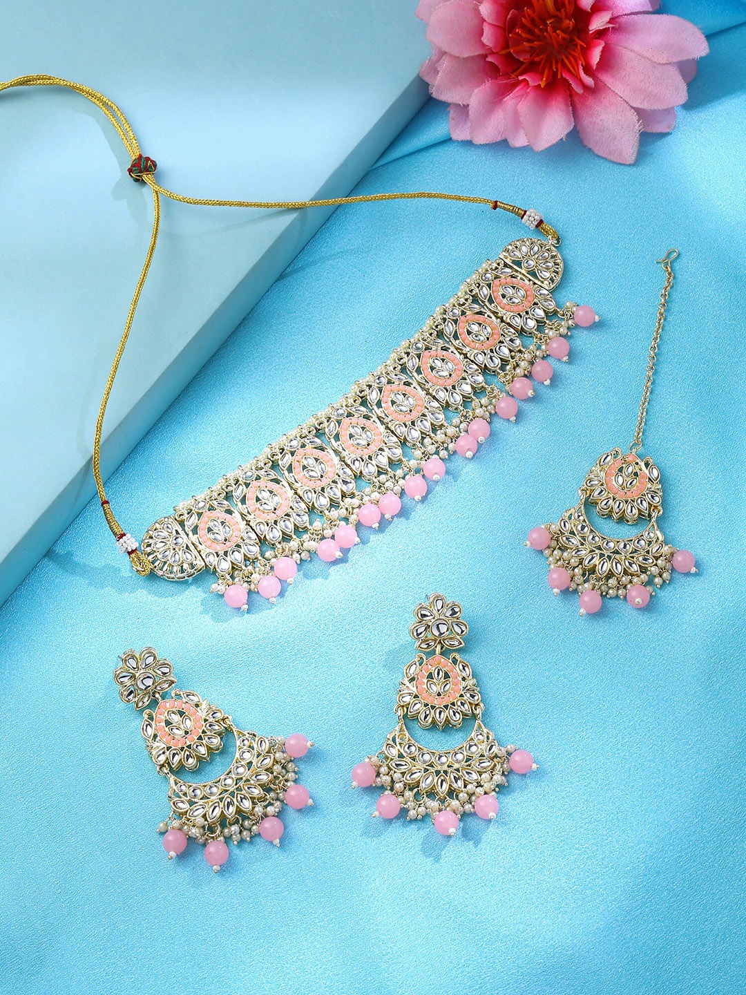 

Yellow Chimes Gold-Plated Kundan-Studded Beaded Jewellery Set
