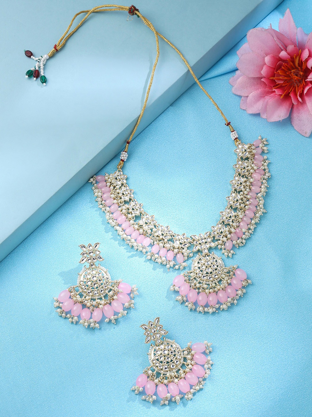 

Yellow Chimes Gold-Plated Kundan-Studded & Beaded Jewellery Set