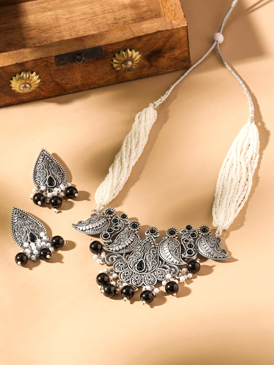 

Yellow Chimes Silver-Plated Lotus Designed Beaded Jewellery Set