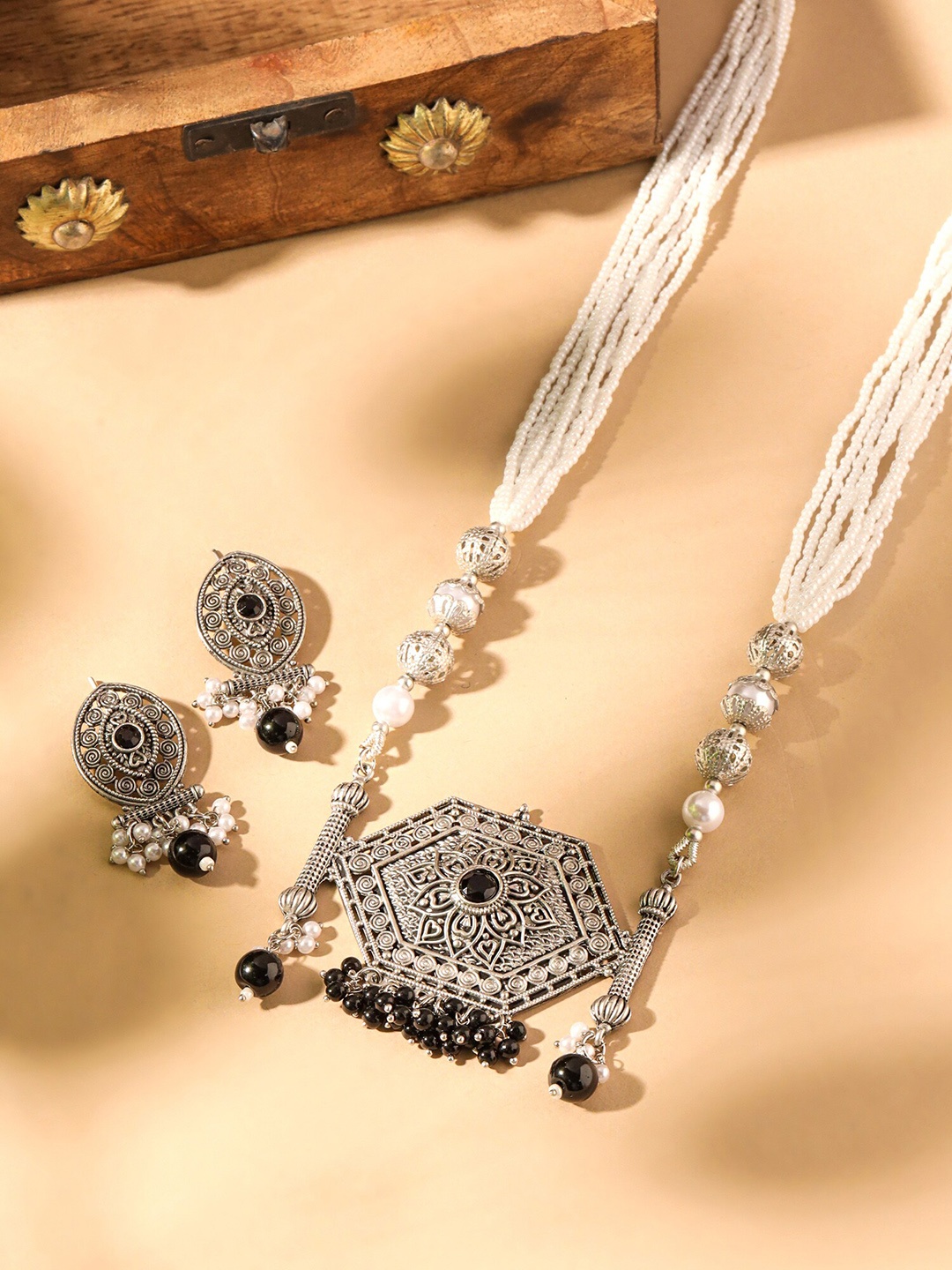 

Yellow Chimes Silver-Plated Oxidised Beaded Jewellery Set