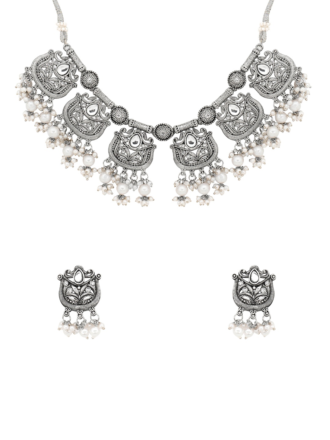 

Yellow Chimes Oxidised Moti Beadded Necklace & Earrings Set, Silver