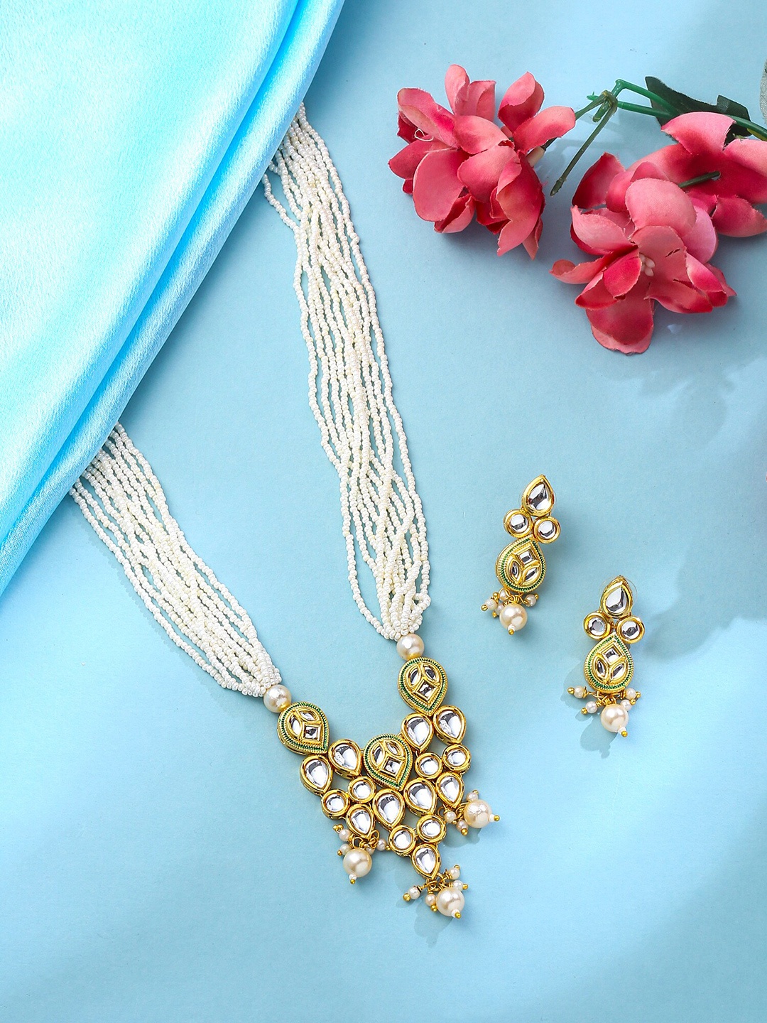 

Yellow Chimes Gold-Plated Kundan-Studded & Beaded Necklace & Earrings Set, White