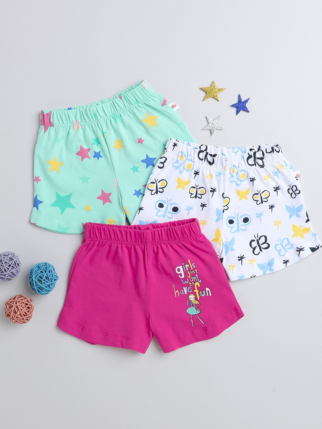

BUMZEE Infant Pack Of 3 Conversational Printed Mid Rise Knitted Cotton Shorts, Green