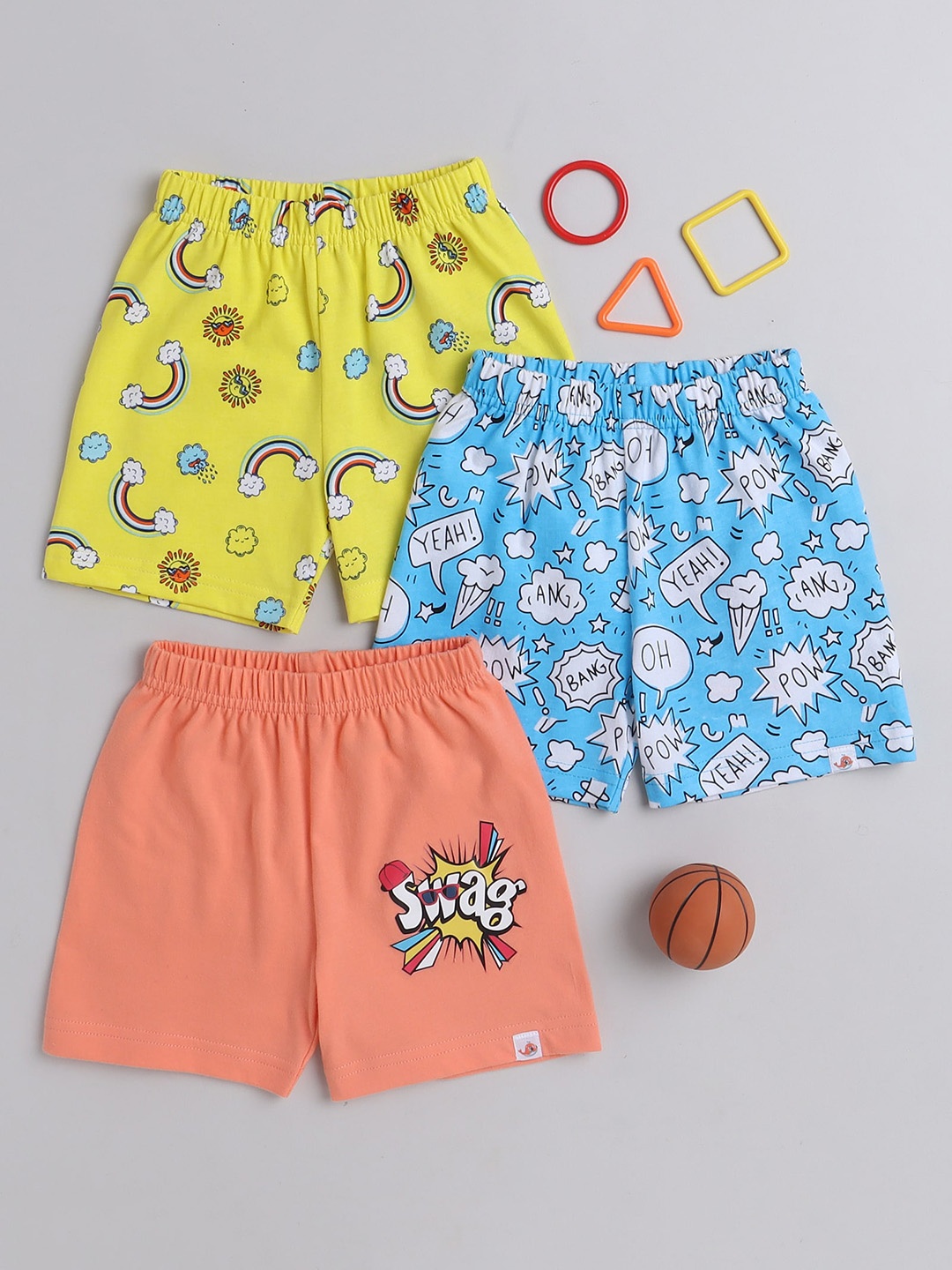

BUMZEE Infant Pack Of 3 Typography Printed Mid Rise Knitted Cotton Shorts, Blue