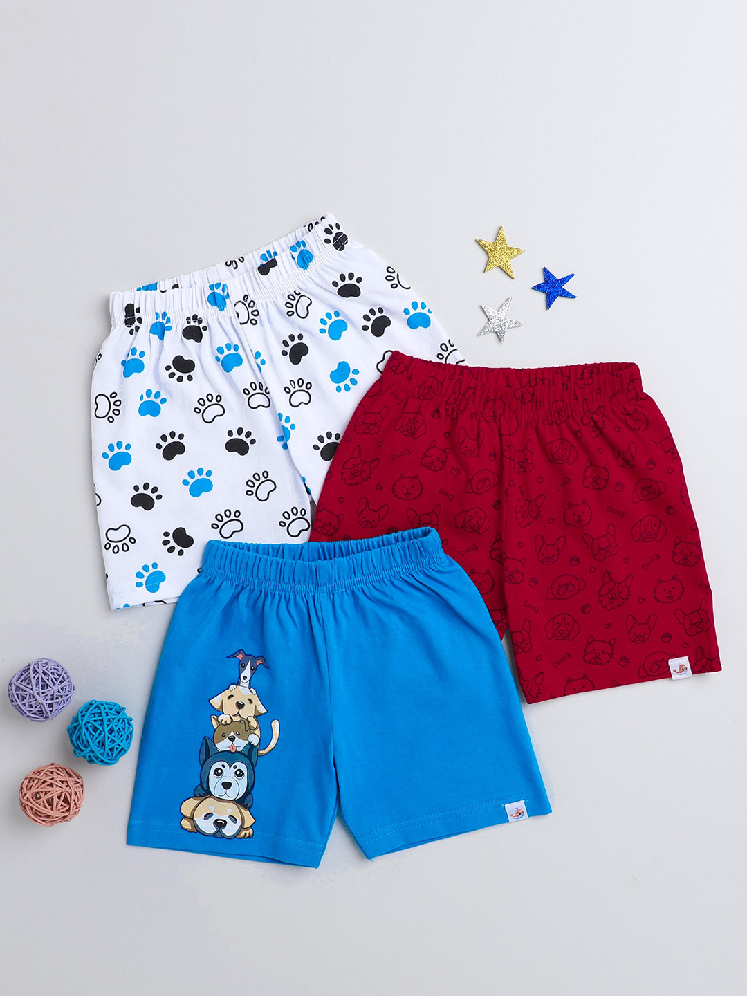 

BUMZEE Infant Pack Of 3 Graphic Printed Mid Rise Knitted Cotton Shorts, White